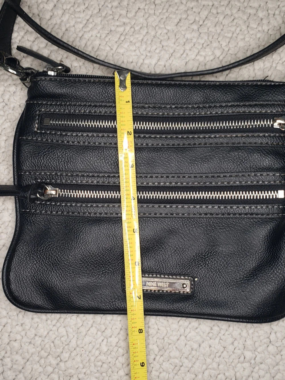 NINE WEST Black Leather Crossbody Bag with Three Front Zippers | Medium